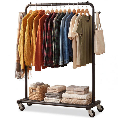 Sywhitta Clothes Rack on wheels, Clothing Rack with Bottom Mesh Storage Shelf,Sturdy Metal Frame,Rolling Garment Rack for Hanging
