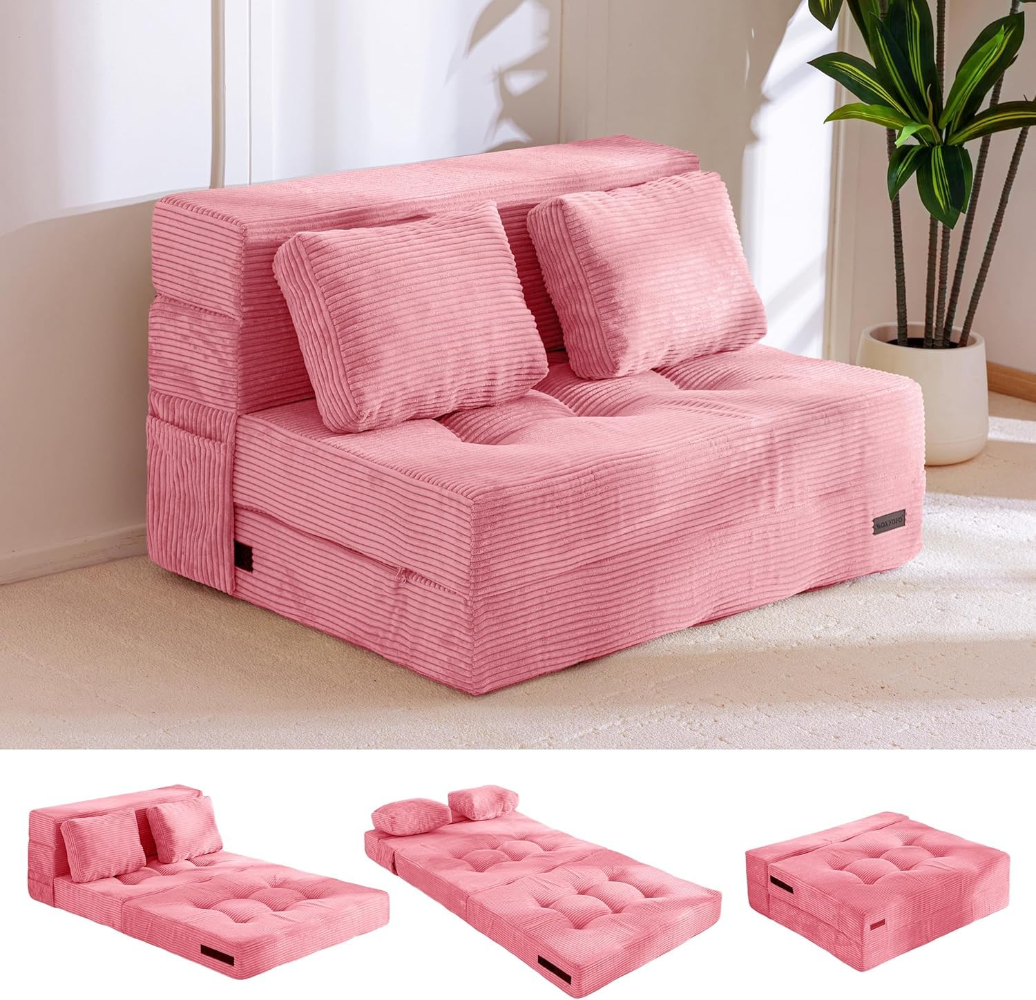 MAXYOYO Folding Foam Sofa Bed, Tri-Fold Mattress with 2 Pillows, Convertible Sofa Chair Futon Z Bed with 15cm Thincken Foam