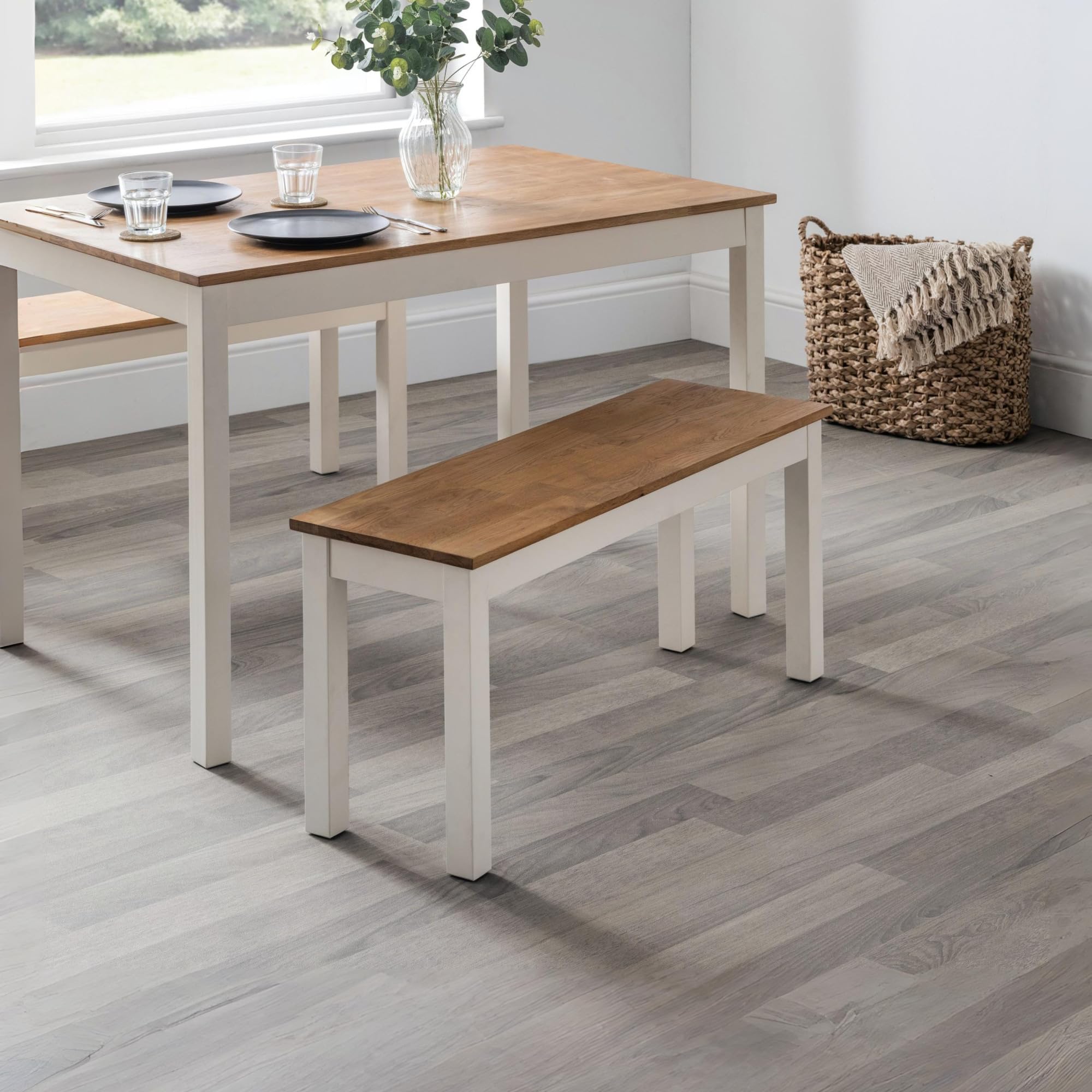 Julian Bowen Coxmoor Dining Bench for 2, Solid Oak, Ivory - H45 x W101cm