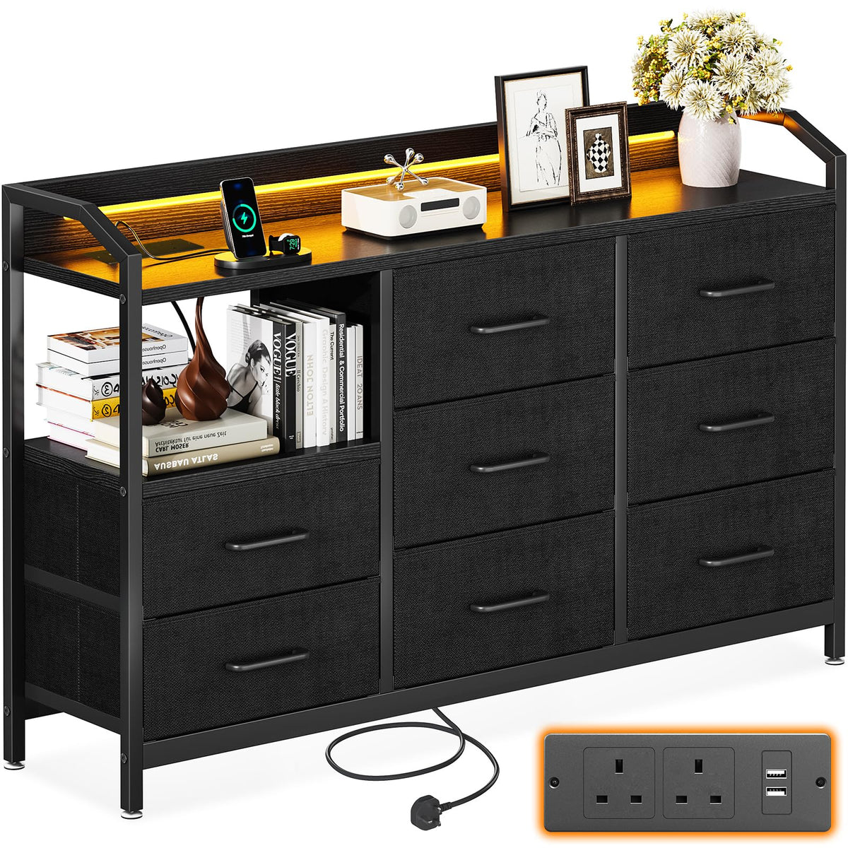 ODK Black Chest of Drawers Bedroom, 8 Large Fabric Drawers, 110x30x88