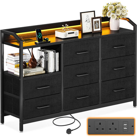 ODK Black Chest of Drawers Bedroom, 8 Large Fabric Drawers, 110x30x88