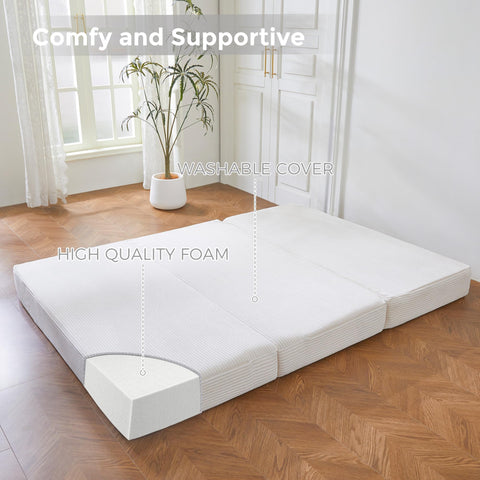 MAXYOYO Folding Corduroy Mattress, 3-Way Folding Mattress, 10 cm Thick, Foldable Guest Mattress with Removable & Washable Cover