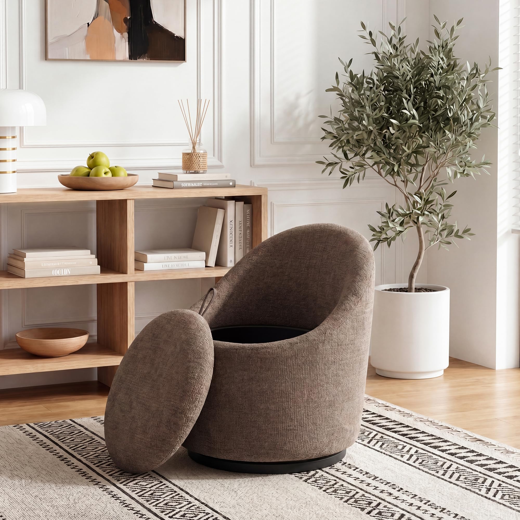 Barrel Swivel Accent Chair with Hidden Storage, 360° Rotating Lounge Chair, Upholstered Breathable Fabric, High Density Foam Seat