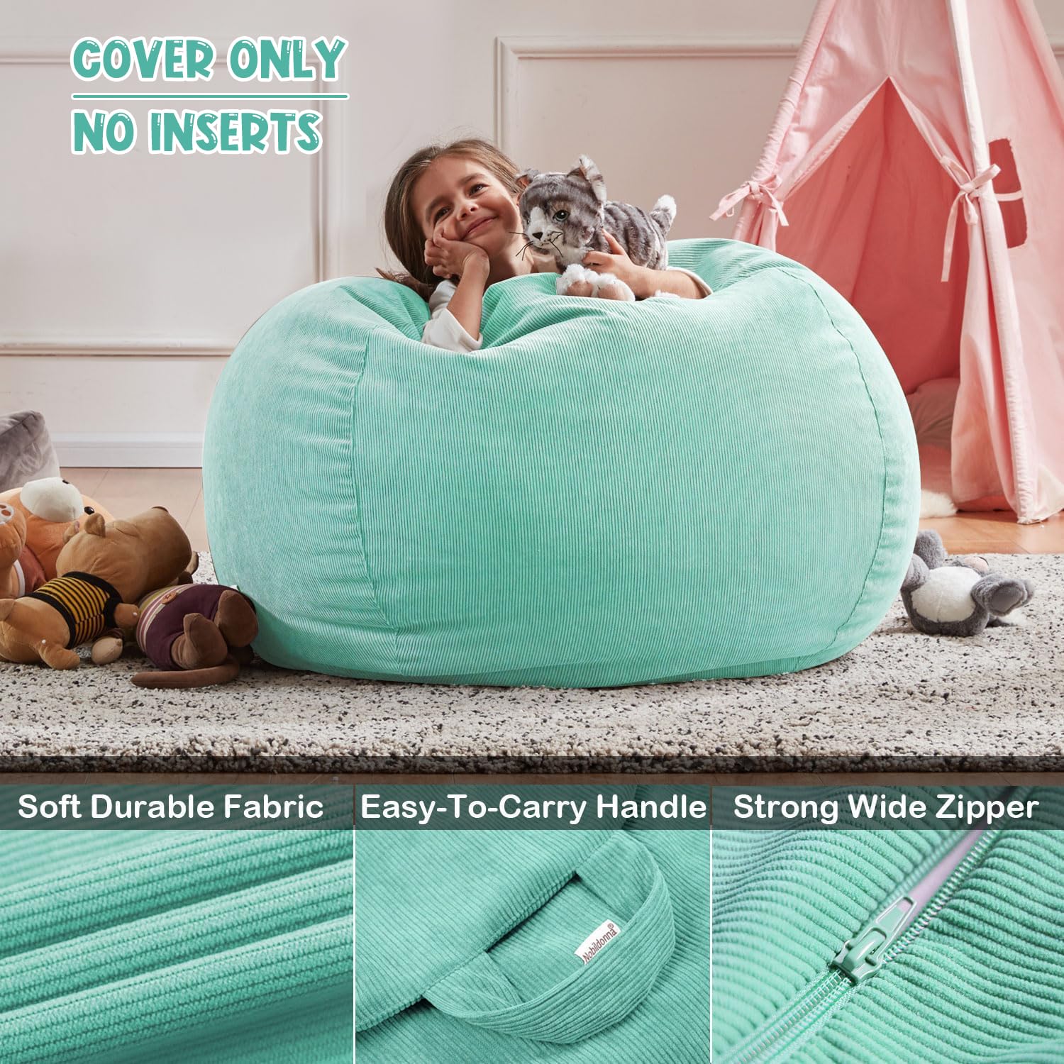 Nobildonna Bean Bag Chair Cover (No Filler) for Kids Beanbag Stuffed Animal Storage Without Filling Plush Toys Holder and Organizer Soft Premium