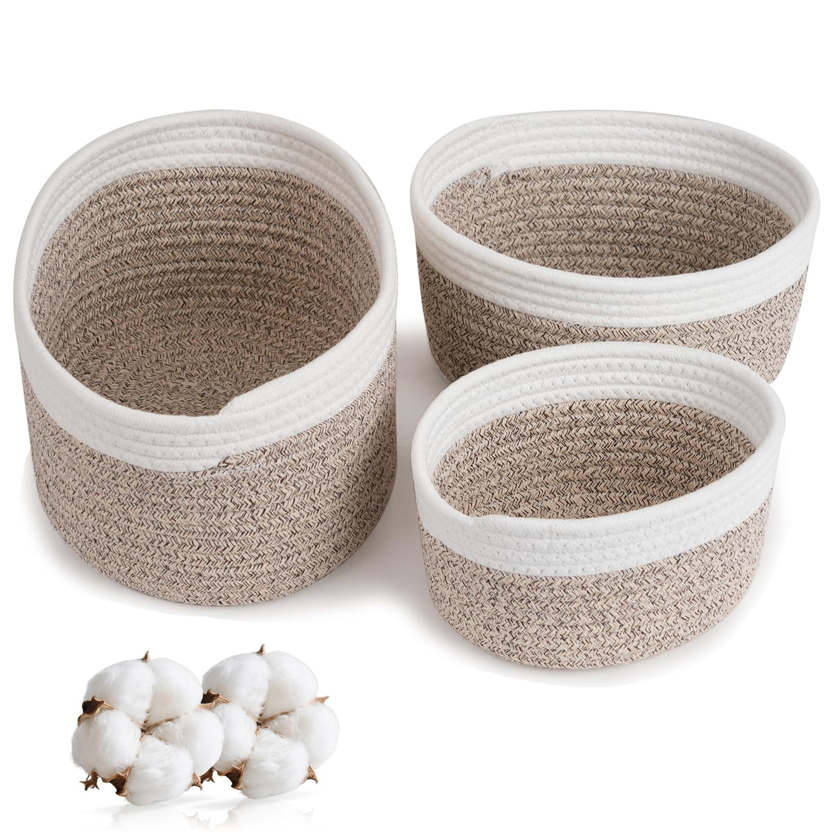 Purecas Braided Cotton Rope Storage Baskets 3-Piece Set Stackable Organiser Baskets for Nursery Changing Table Living Room & Bathroom(Brown 3 Size)