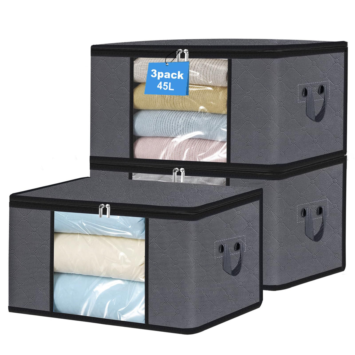 HiBaBy 45L Clothes Storage Bag, Foldable Storage Boxes with Lids Underbed Wardrobe Storage Organiser with Clear Window Moving Bags for Clothing