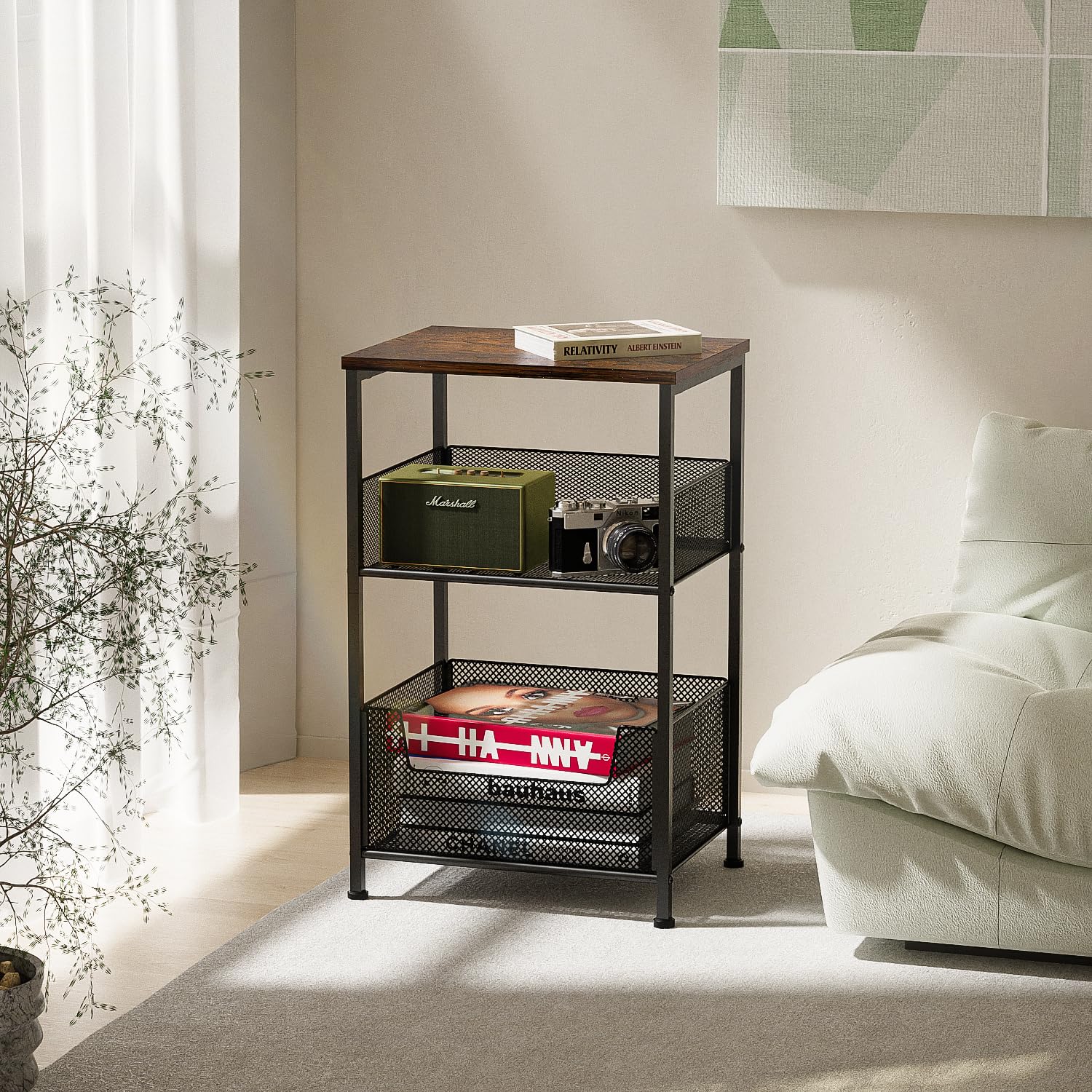 Mutool 3 Tier Side Table, 64.5cm End Table Sofa Side Table with Storage Shelf for Small Spaces