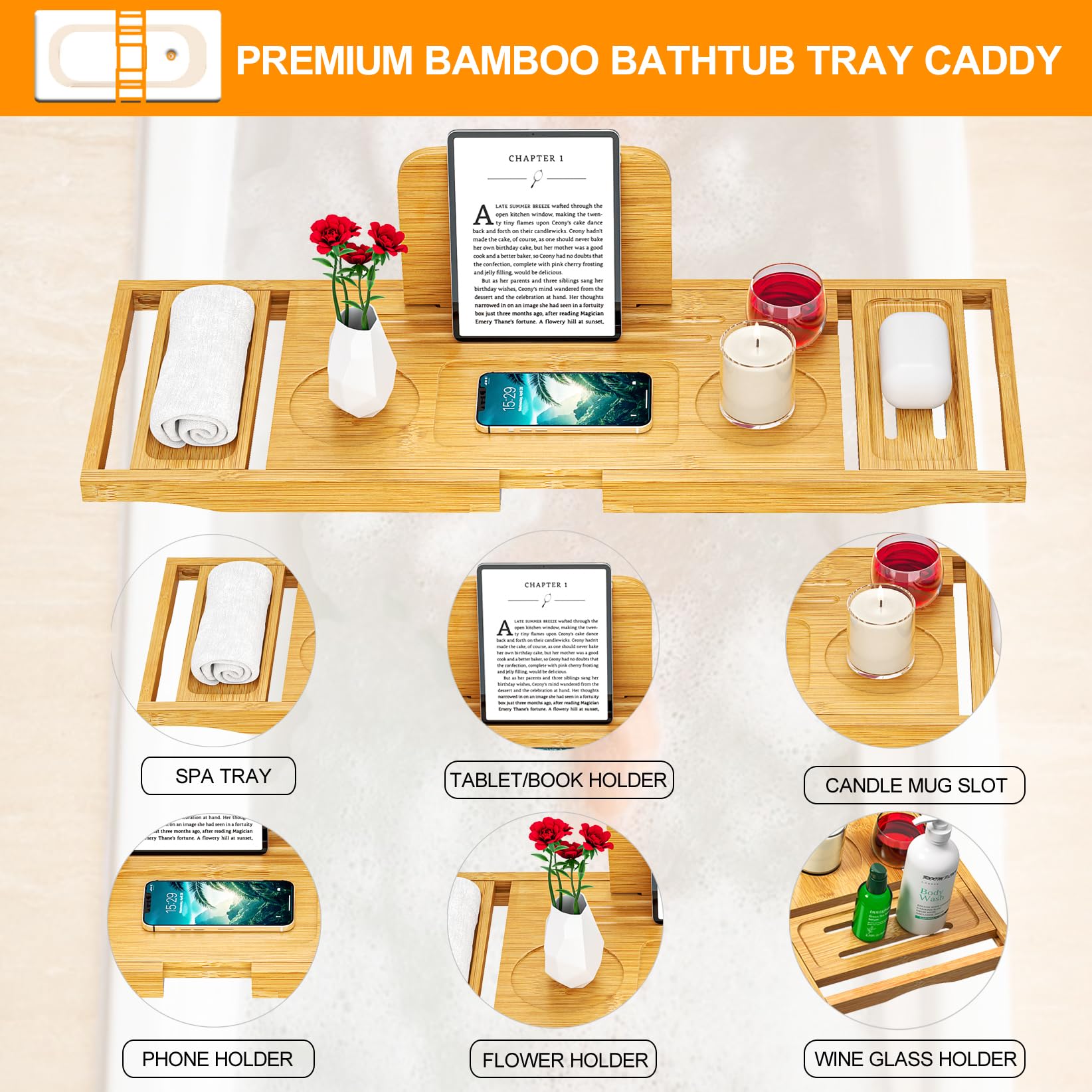 Bathtub Tray Caddy - Bath Tray - Bath Tub Tray Caddy - Bamboo Bath Tray for Tub - Expandable Size, Fits Most Tubs
