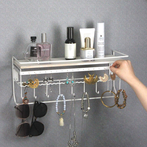 J JACKCUBE DESIGN JackCubeDesign Hanging Jewelry Organizer with 9 Hooks, Wall Mount Necklace Earring Bracelet Sunglass Holder with Wood Shelf