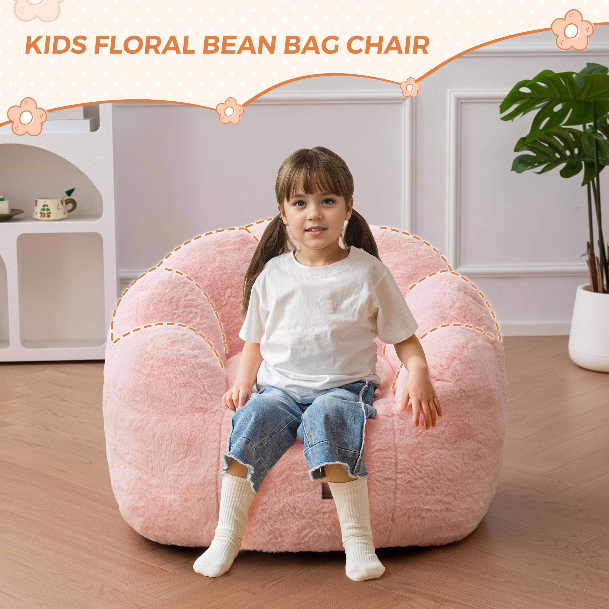 MAXYOYO Kids Floral Shaped Bean Bag Sofa, Includes Filling, Faux Fur Fabric