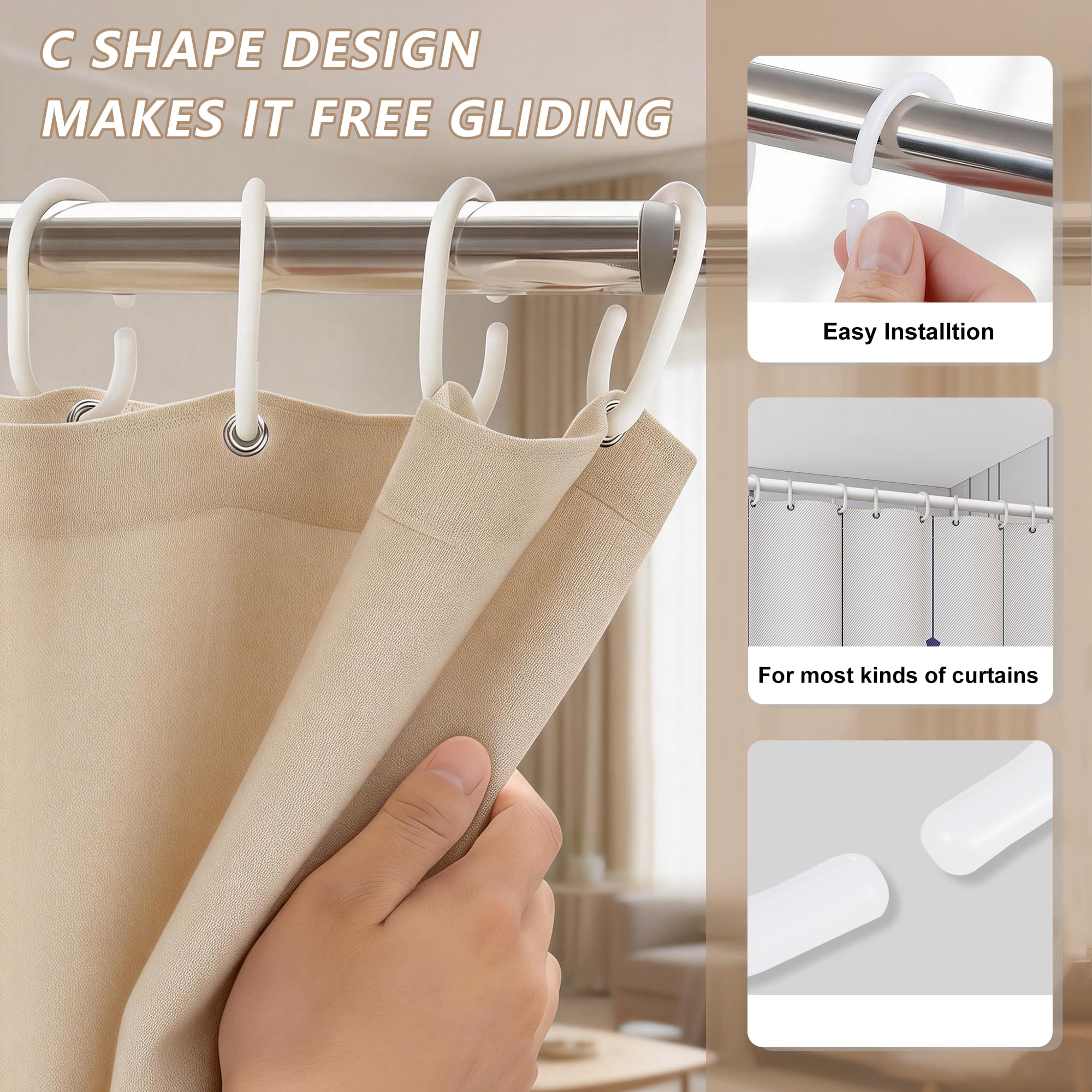 shower curtain hooks white C shape plastic hooks for shower curtains(24 Pieces)