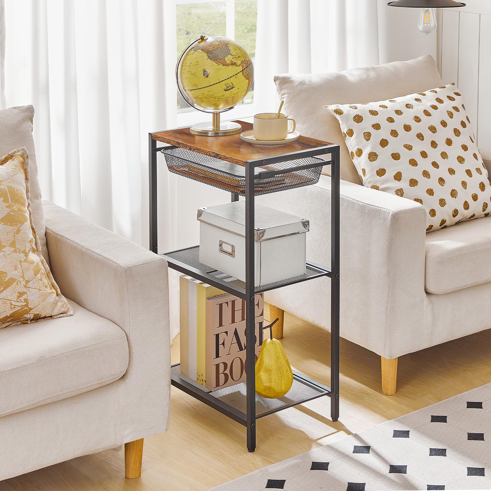 HOOBRO Tall Side Table, 3-Tier Industrial Telephone End Table with Storage Shelves and Basket, Small Laptop Table for Living Room, Bedroom, Office