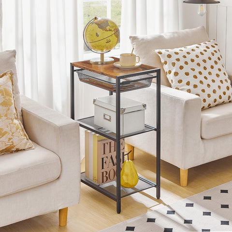 HOOBRO Tall Side Table, 3-Tier Industrial Telephone End Table with Storage Shelves and Basket, Small Laptop Table for Living Room, Bedroom, Office