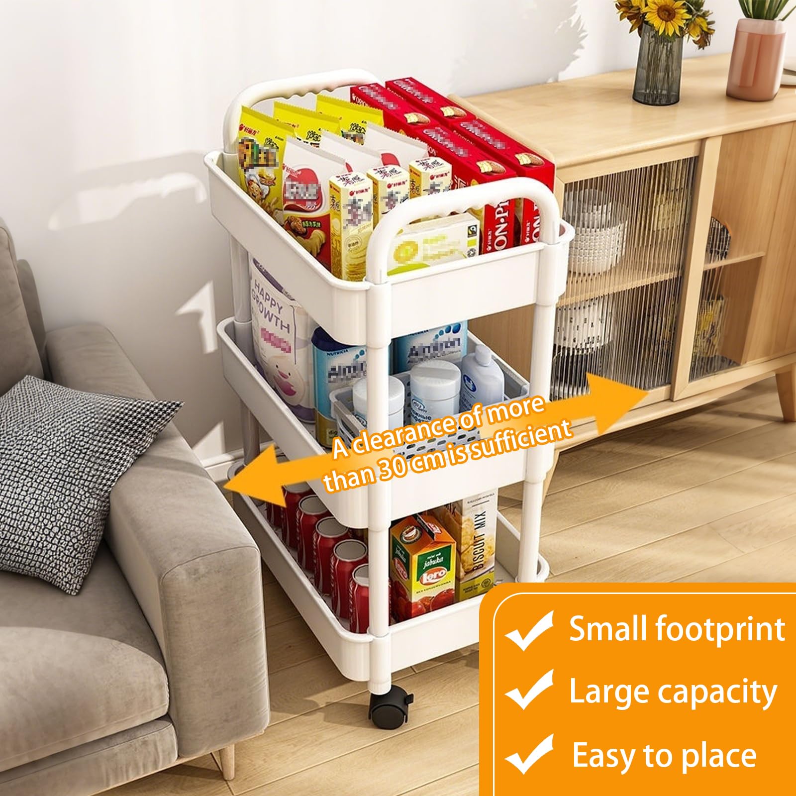 YiZhou 3-Tier Storage Trolley on Wheels with Handle, Metal & Plastic Kitchen Utility Cart, Slim Rolling Mobile Shelving Organizer for Bathroom