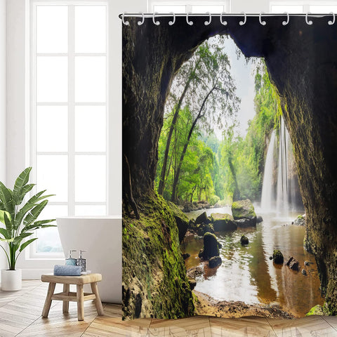 Hnmdmyi Forest Shower Curtain 90x180, Tropical Jungle Rainforest Green Tree Plant Nature Mountain Cave Landscape Waterfall Scenery Bathroom Curtains