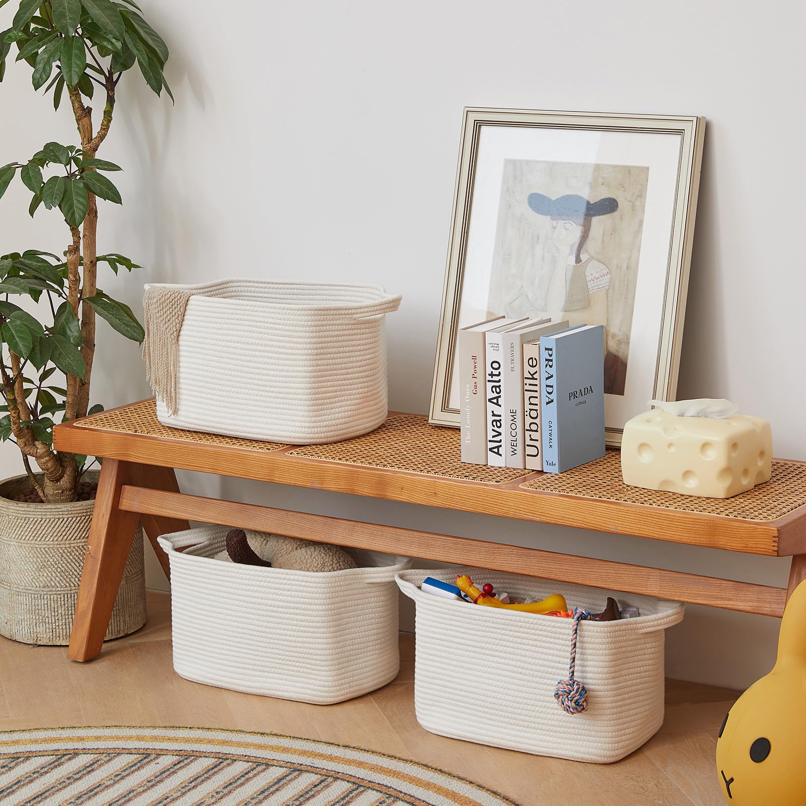R RUNKA 3 Packs Cotton Rope Woven Basket With Handles for Shelves -15"*10.2"*9.1"(White)
