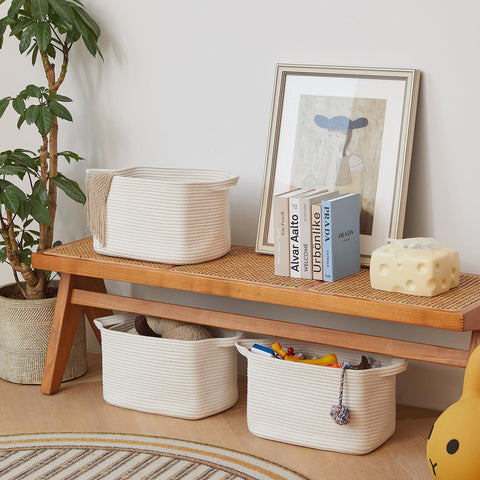 R RUNKA 3 Packs Cotton Rope Woven Basket With Handles for Shelves -15"*10.2"*9.1"(White)