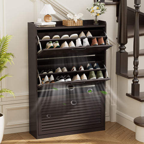 BonVache Shoe Storage with 3 Flip Louvered Doors, Narrow Wooden Shoe Cabinet (120x80x24cm) with Adjustable Shelves For Hallway, Entreway