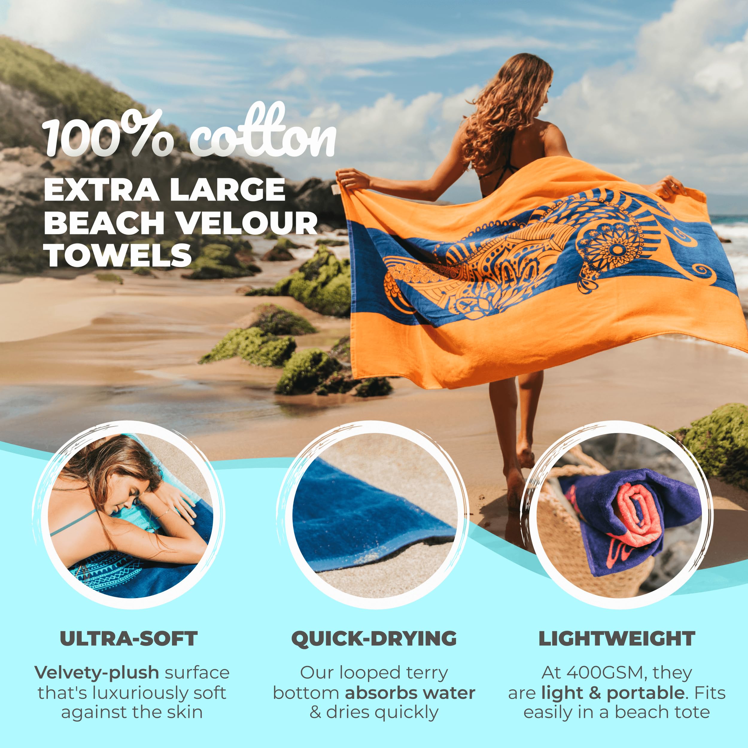 Nova Blue Seahorse Beach Towel – Blue and Orange with A Tropical Design, Extra Large, XL (34”x 63”) Vibrant, Bright