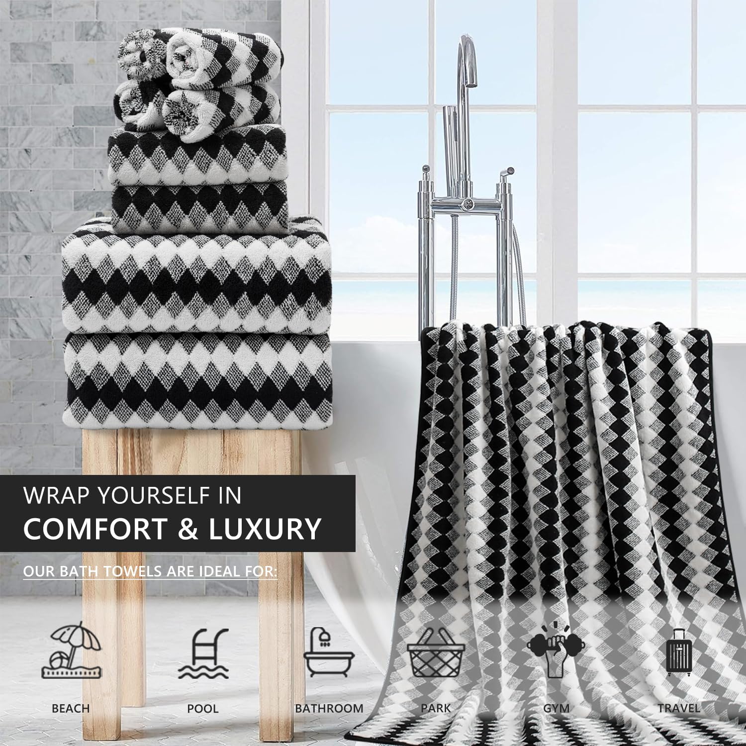 8 Piece Bathroom Towel Set Black White|2 Oversized Large Bath Towels Sheet,2 Hand Towels,4 Washcloths| 600GSM Soft Towel Set for Bathroom