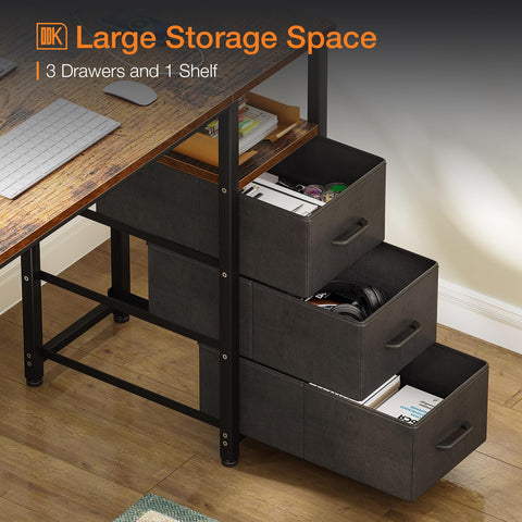 ODK Computer Desk with Drawers, 120cm Office Desk with Sockets, Brown