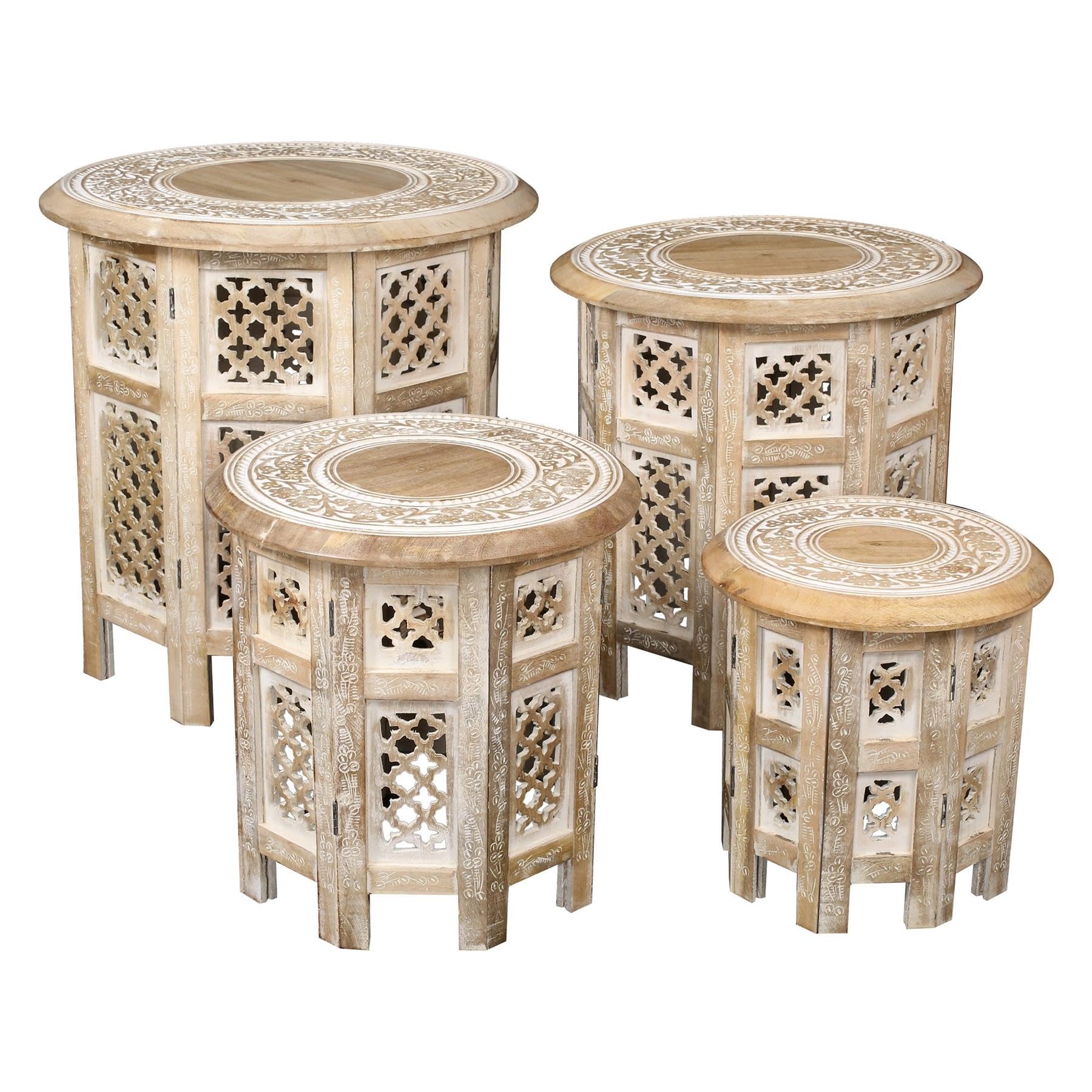 topfurnishing Beautiful Round Hand Carved Indian Shesham Wooden Coffee Table Side Table Beige Small 12"x12"x12" 30.5 cm