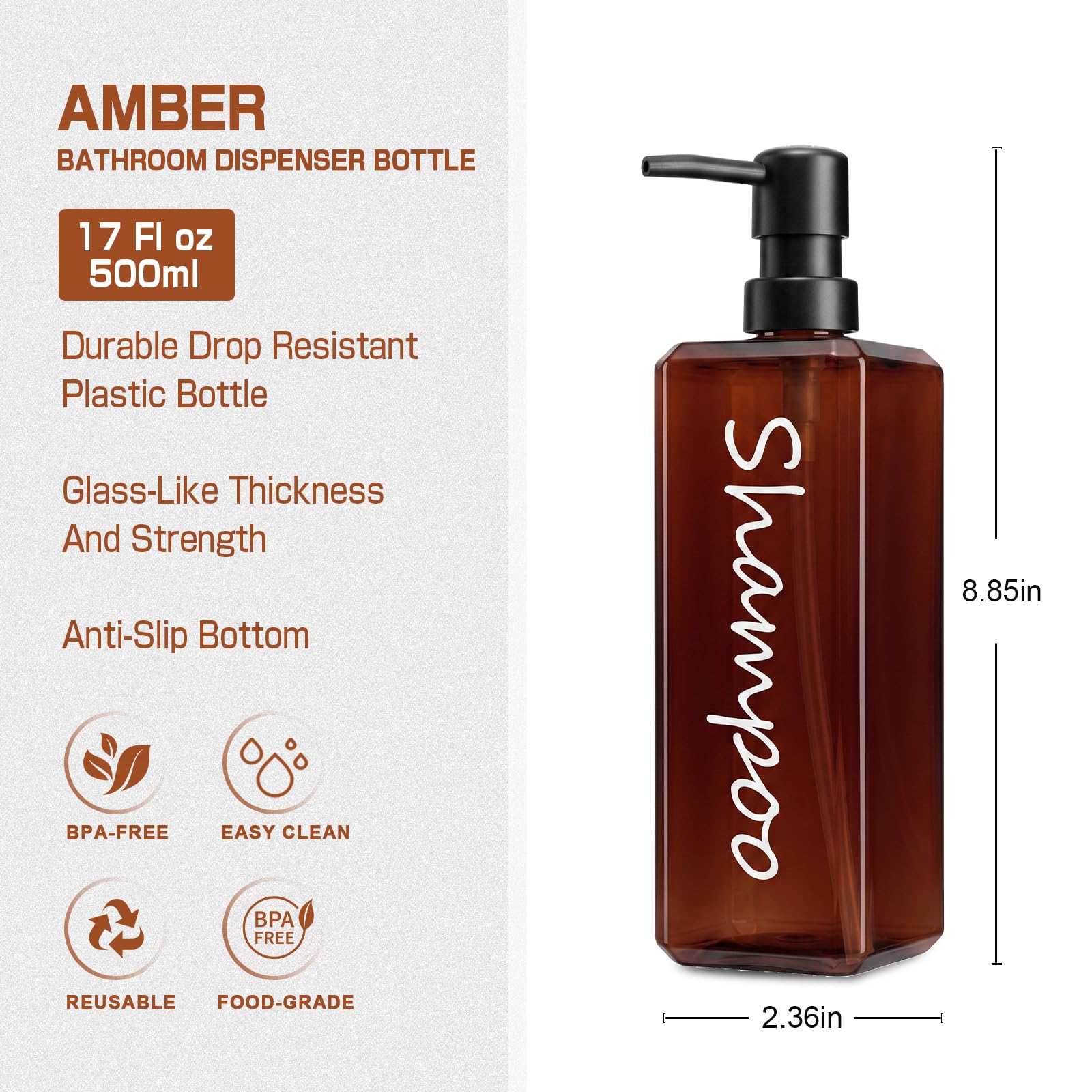 GMISUN Shampoo and Conditioner Dispenser, 17 Fl oz / 500ml Square Shower Gel Dispenser, Refillable Shampoo Bottles