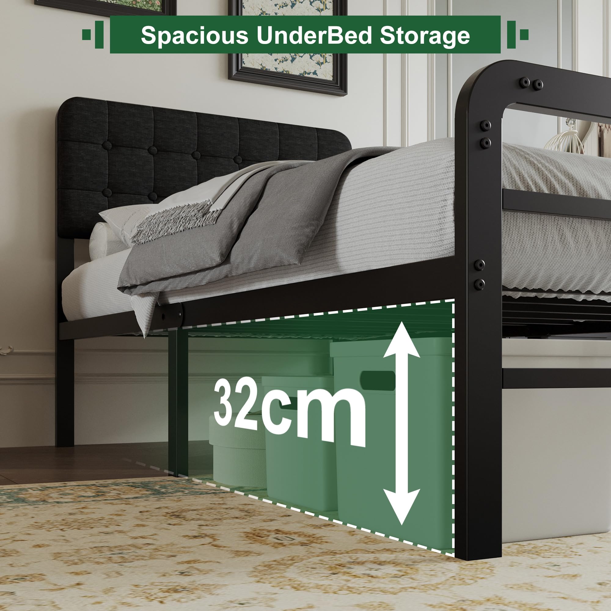 EMODA Small Single Bed Frame with Upholstered Headboard and Footboard,