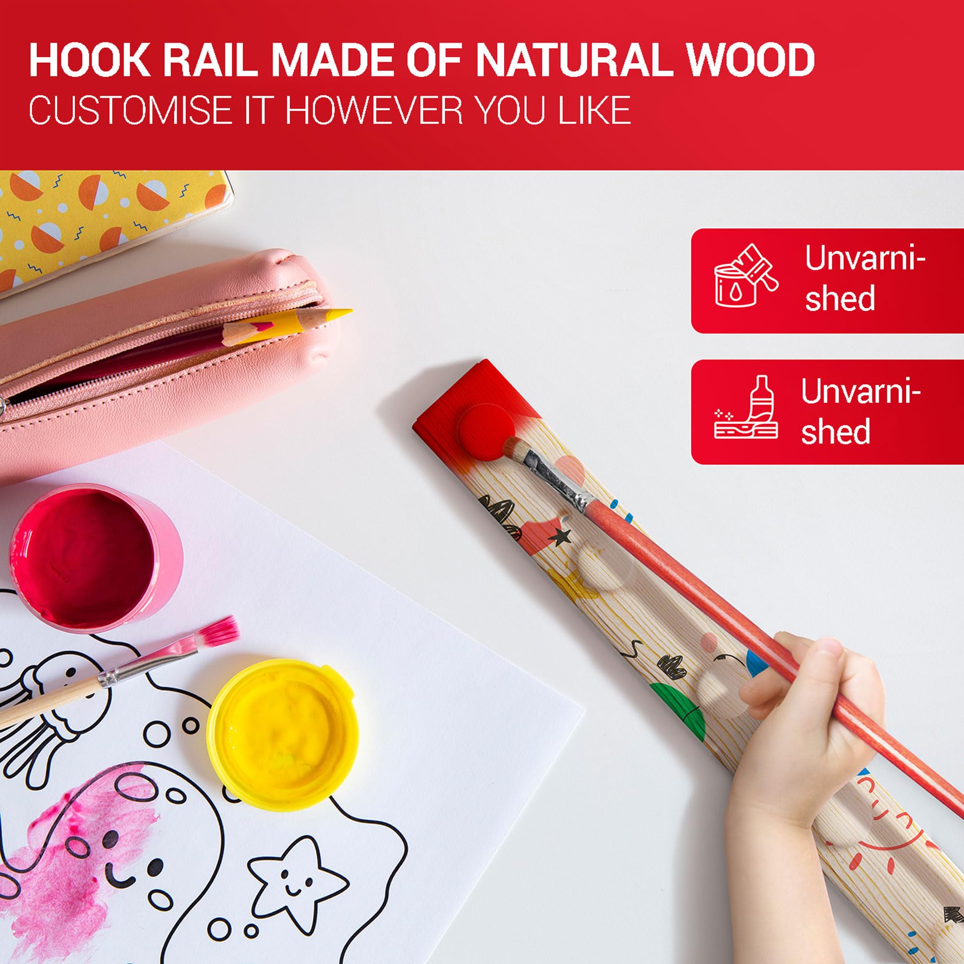 LouMaxx Wooden Hook Rack Made of Pine with 6 Wooden Hooks - Wall Mounting Coat Rack for Children - Untreated Pine Wood