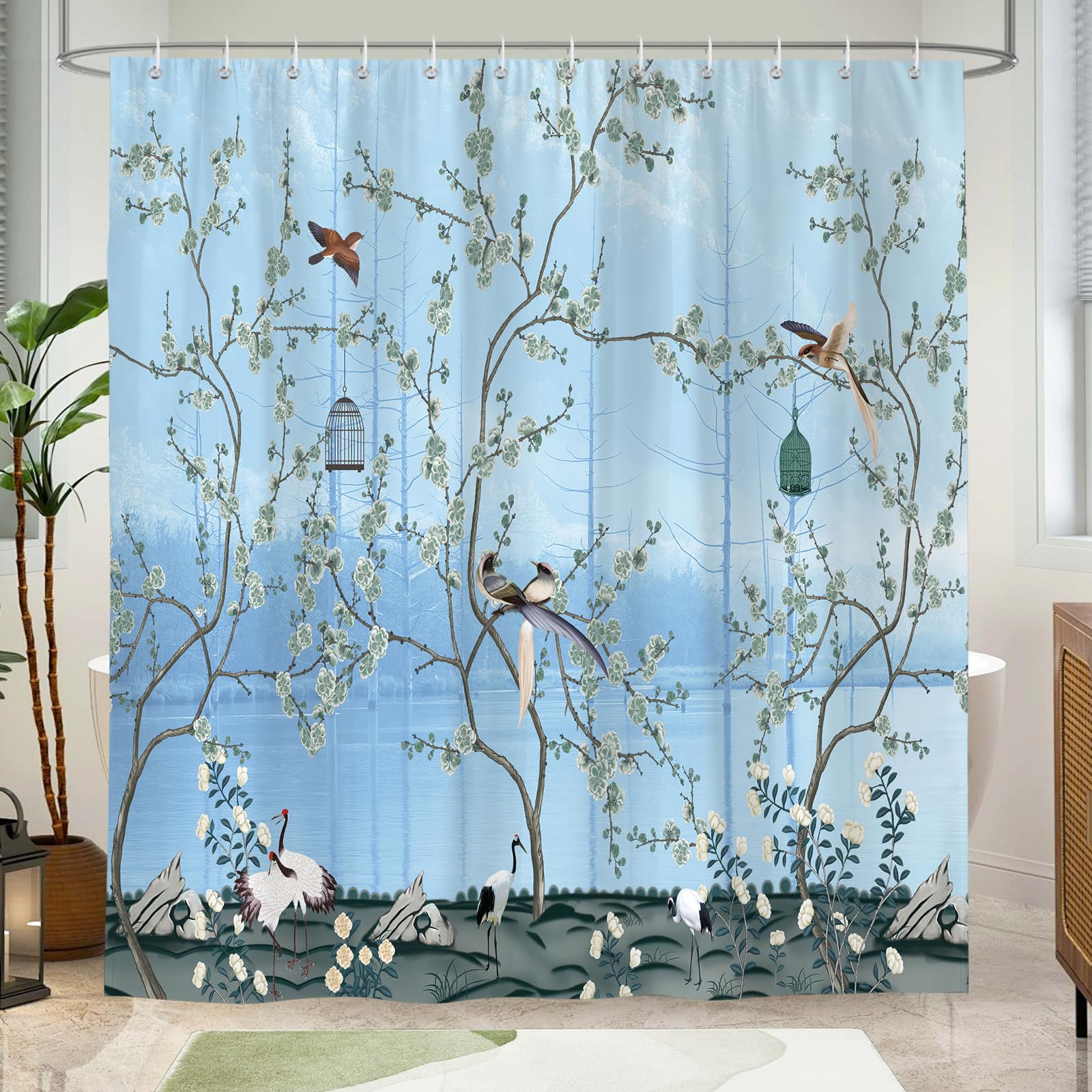 Hopomoon Light Blue Chinoiserie Bird Crane Shower Curtain, Waterproof Polyester Bath Curtain