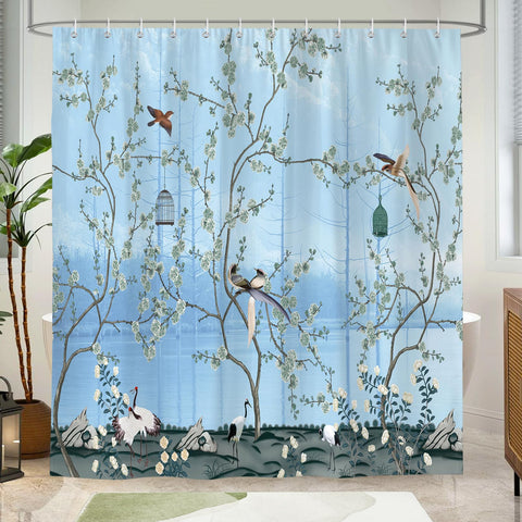 Hopomoon Light Blue Chinoiserie Bird Crane Shower Curtain, Waterproof Polyester Bath Curtain