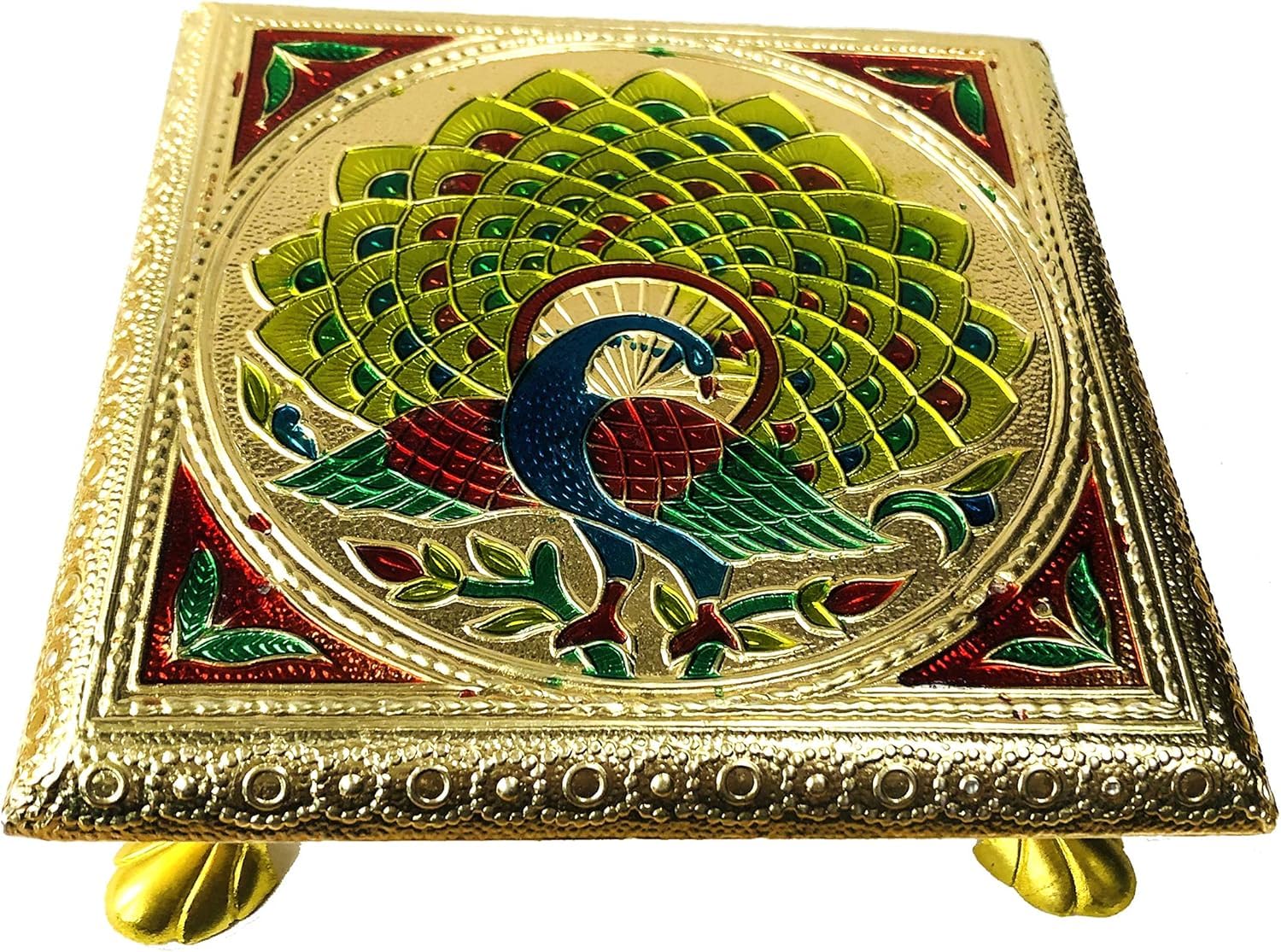AARNAV 6" x 6" Handcrafted Low Table Bajath Bajot Chowki For God Temple or Lamp or Vase or Hindu Puja Brass Minakari Table (Brass Minakari 6"x6")