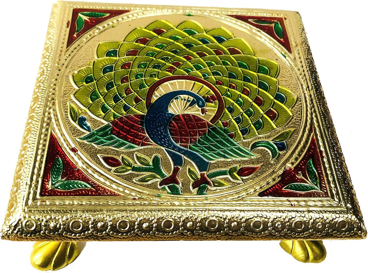 AARNAV 6" x 6" Handcrafted Low Table Bajath Bajot Chowki For God Temple or Lamp or Vase or Hindu Puja Brass Minakari Table (Brass Minakari 6"x6")