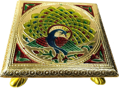 AARNAV 6" x 6" Handcrafted Low Table Bajath Bajot Chowki For God Temple or Lamp or Vase or Hindu Puja Brass Minakari Table (Brass Minakari 6"x6")