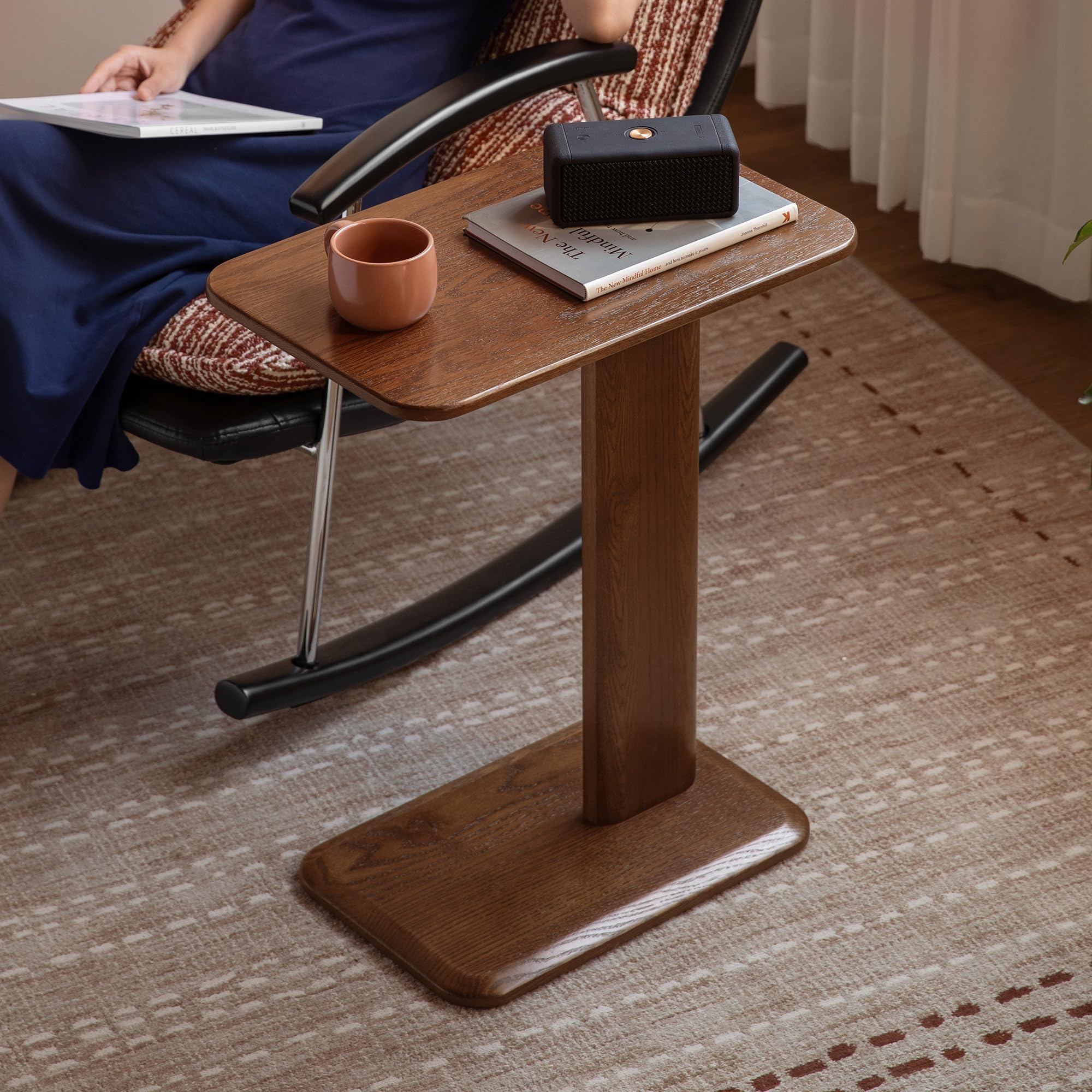 Solid Wood C Table, Oak Side Table with Walnut Finish Living Room End Table