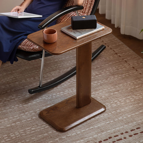 Solid Wood C Table, Oak Side Table with Walnut Finish Living Room End Table