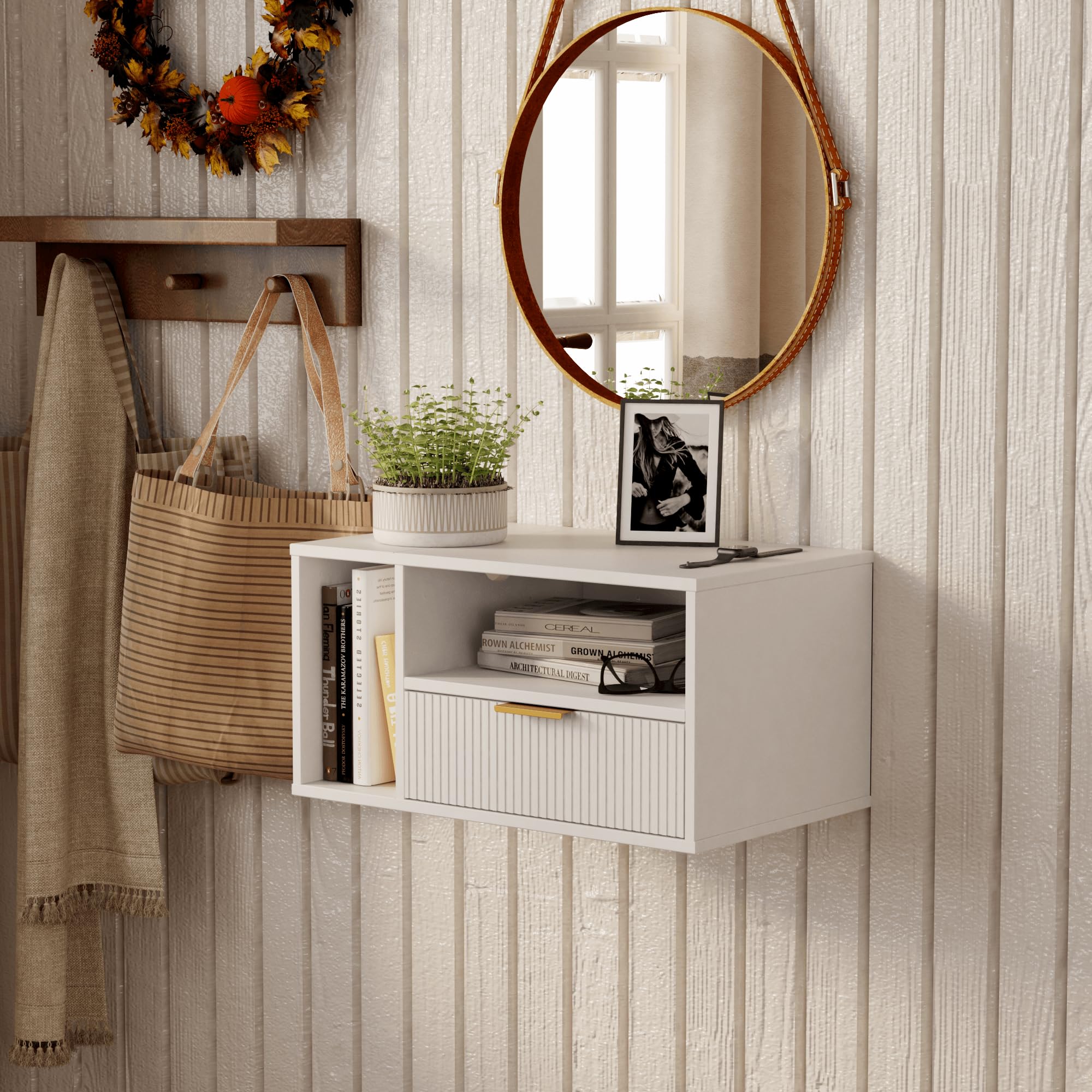 JERX Floating Bedside Table, Wall Mounted Nightstand with Storage Drawer Modern Wooden Bedside Table for Bedroom White