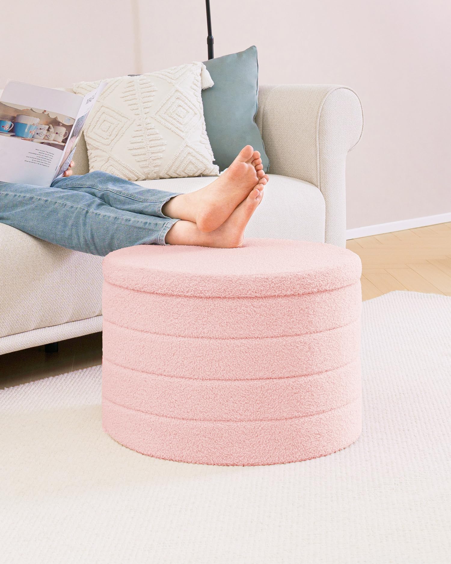 Bonlife Extra Large Folding Round Ottoman with Storage,Boucle Ottoman Stool, Footstool Seat Coffee Table,Toy Box Storage,Footrest Stool for Living