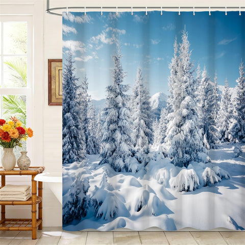 Kzzfqxb 180x200cm Shower Curtains with Plastic Hooks, Christmas New Year Rural Blue Sky Snow Covered Earth and Pine Trees Waterproof Polyester Fabric
