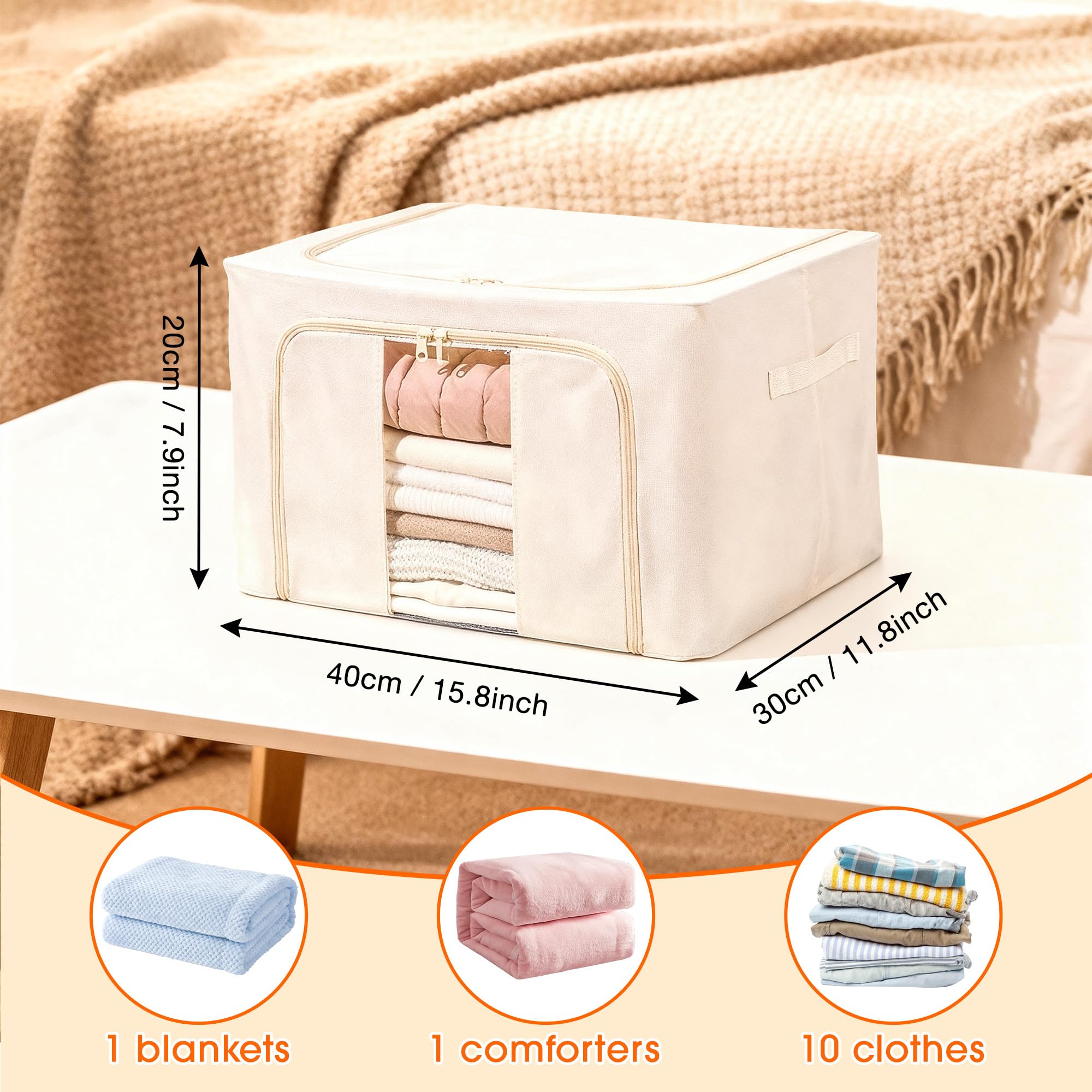 flaxarne Clothes Storage Boxes with Handles,Fabric Storage Boxes with Zipper Lids,Under Bed Organiser for Towel T-shirts Blankets,40×30×20 cm,Beige