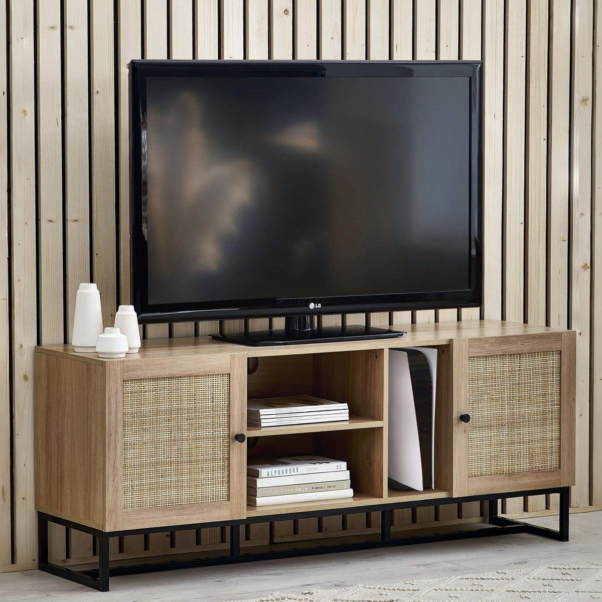 Julian Bowen Padstow TV Unit for 55" TVs, Faux Rattan, Oak Effect - W150cm