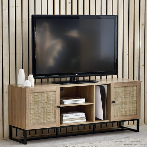 Julian Bowen Padstow TV Unit for 55" TVs, Faux Rattan, Oak Effect - W150cm