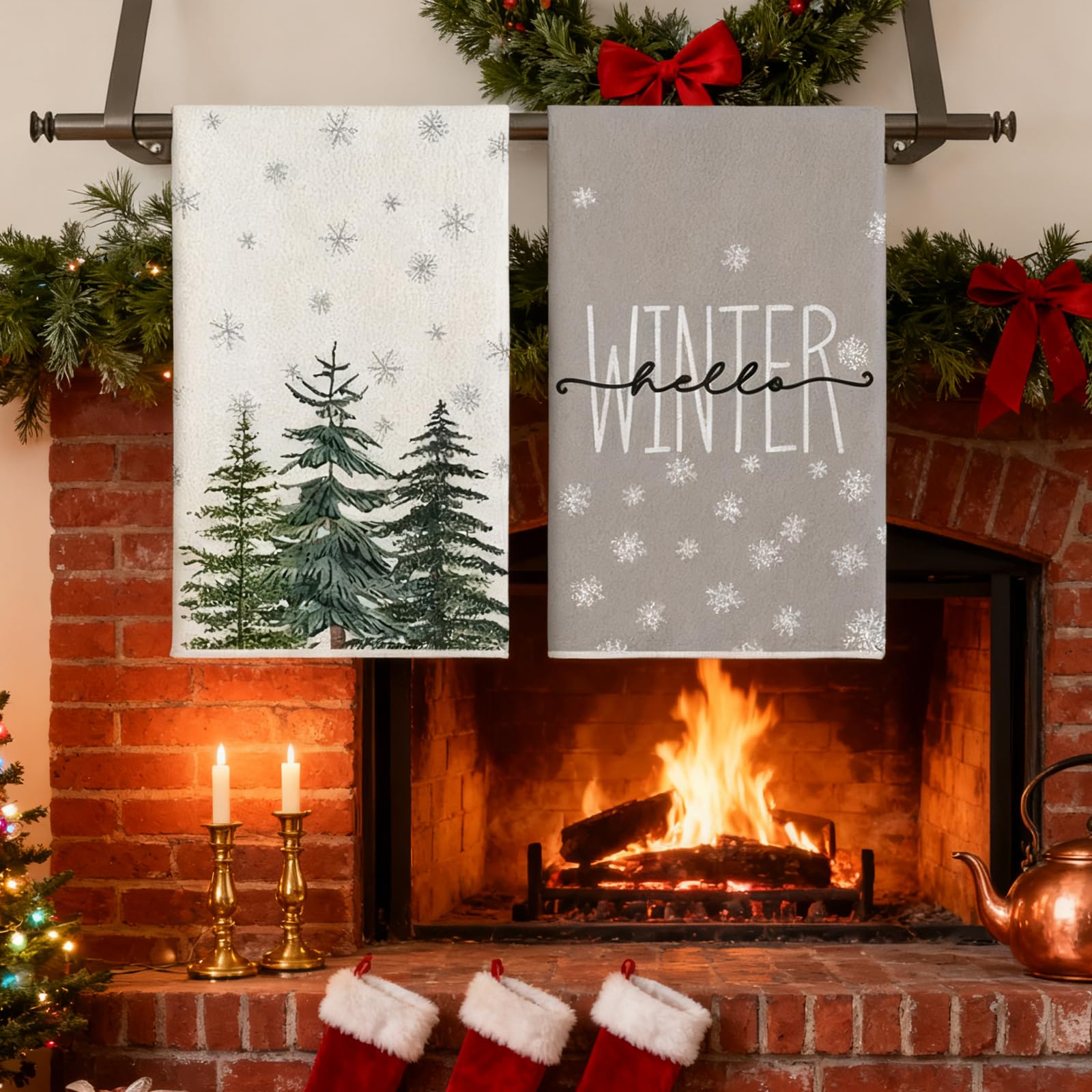 LYhsmg 2PCS Christmas Tea Towels,Christmas Hand Towels,Quick Dry Dish Towels Bar Towel,Machine Washable Kitchen Towel,Cotton Super Soft,Xmas Tree