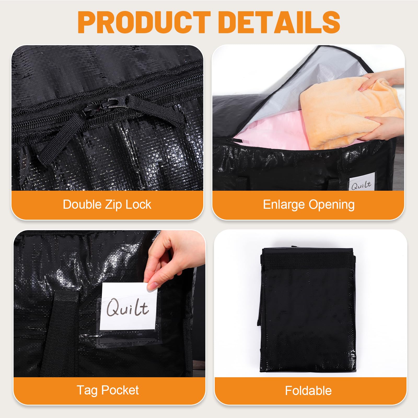 3 Pack 90L Moving Bags, Heavy Duty Storage Bags Dorm Moving Essential,Black