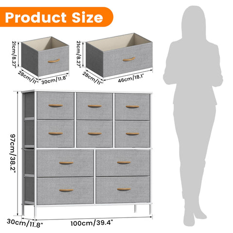 Feonase Chest of Drawers, Bedroom Tall Dresser with 10 Fabric Drawers, Metal Frame & MDF Wood Top, Adjustable Feet