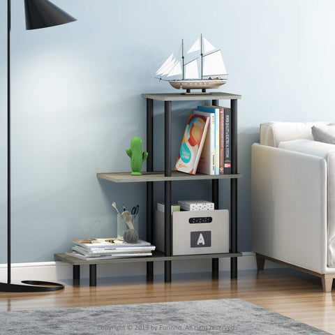 Furinno TURN-N-TUBE Side Table, 3-Tier Tall L-Shape End Table with Open Shelf, Tall Toolless Night Stand, Bedside Table, for Living Room, Bedroom