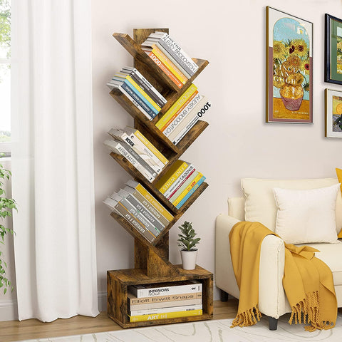 Hoctieon 6 Tier Tree Bookshelf, Tall Bookcase with Drawer, Freestanding Book Shelf, Display Floor Standing Storage Shelf