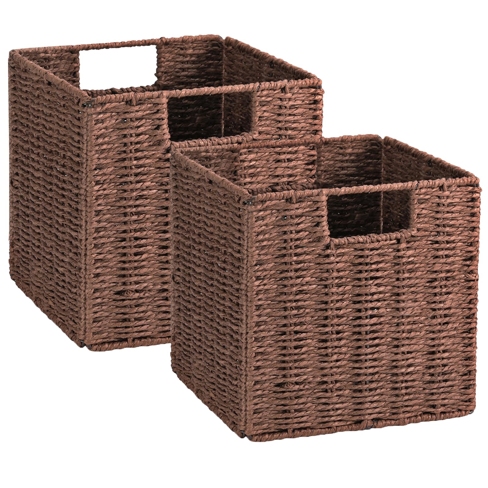 Vagusicc Wicker Storage Basket, Set of 2 Handwoven Wicker Basket, Foldable Storage Baskets Organizer Cube Bins with Handles for Shelves Bathroom