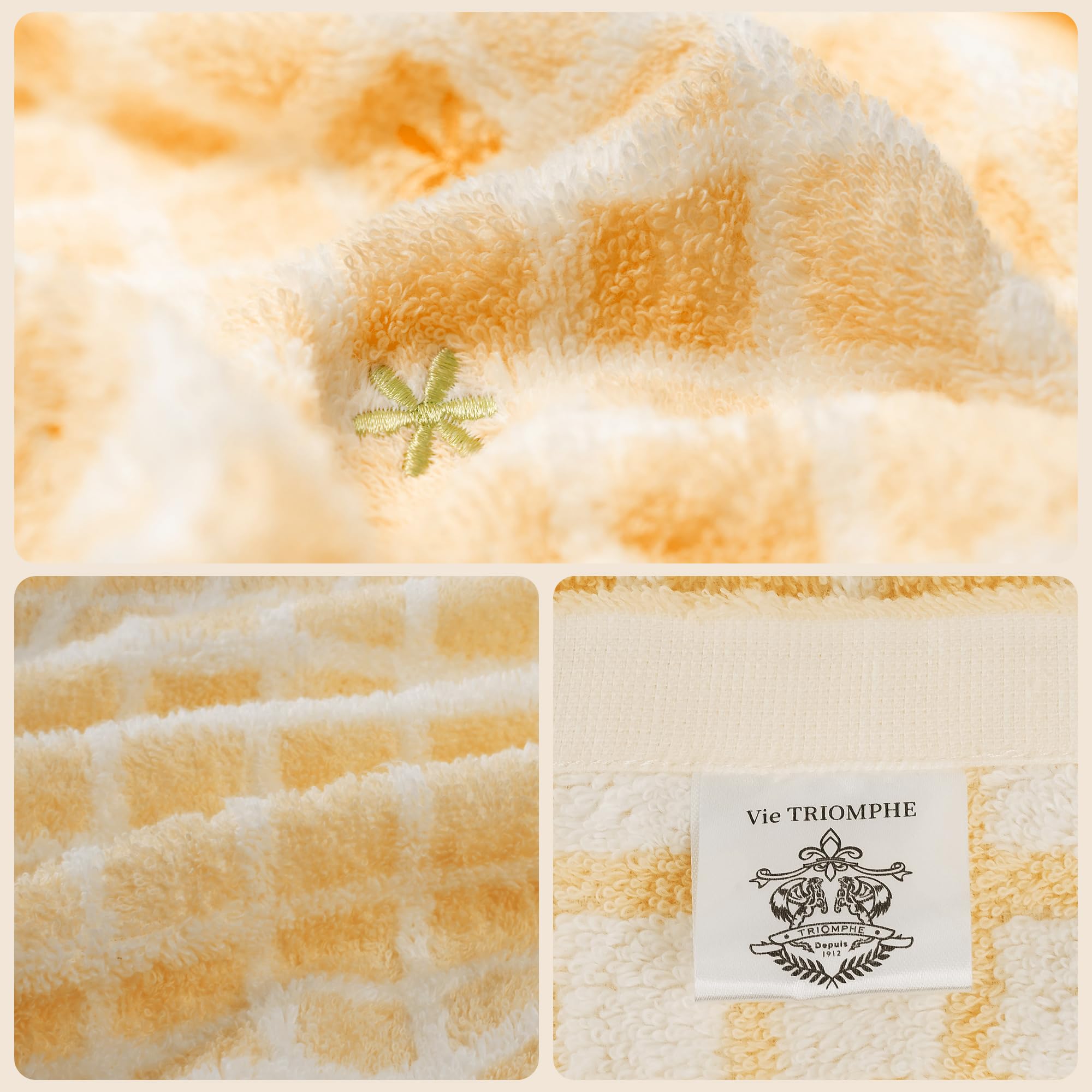 Vie TRIOMPHE 2-Pack Embroidered Checkered Bath Towels 70x130cm, Zero-Twist Long-Staple Cotton, Pink plus Yellow Jacquard Grid Pattern