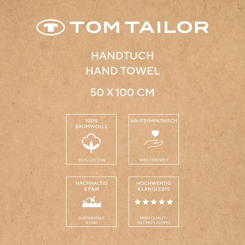 TOM TAILOR Hand Towels, Set of 2, 50 x 100 cm, 100% Cotton/Terry Towel, with Hanger and Label with Logo, Colour Bath Towel White (Crisp White)